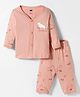 Simply Sinker Knit Full Sleeves Night Suit With Animal Print  - Peach