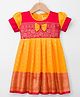 Bhartiya Paridhan Silk Woven Half Puffed Sleeves Dress with Zari Design & Bow Applique - Yellow (Drawstring May Vary)