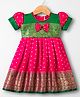 Bhartiya Paridhan Silk Woven Half Puffed Sleeves Frock with Zari Design & Bow Applique - Dark Pink