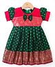 Bhartiya Paridhan Silk Woven Half Puffed Sleeves Frock with Zari Design & Bow Applique - Dark Green