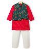 Exclusive from Jaipur Cotton Woven Full Sleeves Kurta Pyjama Set with Floral Printed Jacket - Red Green & Off White