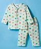 Tango Interlock Knit Full Sleeves Front Open Co-Ord Night Suit with Animal Print - Sea Green