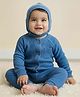 Spunkies Waffle Knit Full Raglan Sleeves Textured Romper With Cap - Blue