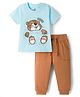 Doodle Poodle 100% Cotton Knit Half Sleeves T-Shirt & Lounge Pant Set With Beaver Print - Turquoise & Brown