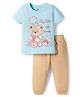 Doodle Poodle 100% Cotton Single Jersey Knit Half Sleeves T-Shirt & Lounge Pant Set With Teddy Bear Print - Turquoise & Beige