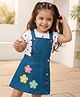 Babyhug Cotton Woven Frock with Half Sleeves Inner Tee with Polka Dot Print & Floral Patch - Blue & White