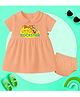 The Peppy Tend 100% Cotton Knit Family Theme Half Sleeves Buas Little Rockstar Text Printed Peter Pan Collar Dress With Bloomer - Peach
