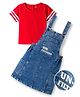 OLLINGTON ST. Cotton Half Sleeves Printed Inner Top & Stretchable Denim Pinafore  - Red & Indigo