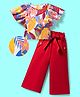 OLLINGTON ST. Cotton Knit Printed Half Sleeves Top & Culottes Set with Belt - Multicolor & Red