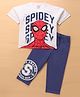 Pine Kids Marvel Terry Knit Full Sleeves Oversized T-Shirt & Track Pant with Spider-Man Graphic & Badge Detailing - White & Blue