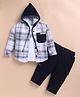 KIDZELLO Cotton Knit Full Sleeves Checked Hooded Shirt & Pant With Tee Set - Navy Blue
