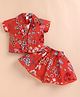 KIDZELLO Cotton Knit Half Sleeves Floral Printed Shirt & Skirt With Inner Set - Red