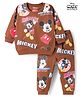 Babyhug Disney Terry Knit Full Sleeves Co-ords T-Shirt & Lounge Pant Set with Mickey Mouse Print - Brown