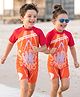Bosky Swimwear Half Raglan Sleeves Legged Swimsuit with Surfing Print - Orange