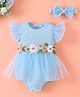 Mark & Mia Frill Sleeves Frock Style Onesie with Headband & Floral Embroidery - Light Blue