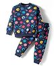 Teddy Fleece Knit Full Sleeves Co-ords Night Suit With Smiley Print - Navy Blue