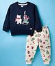 Teddy Fleece Knit Full Sleeves Winter Night Suit with Christmas Theme Print - Navy Blue