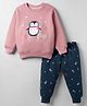 Teddy Fleece Knit Full Sleeves Winter Wear Suit with Penguin Graphic - Light Red