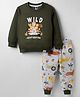 Teddy Fleece Knit Full Sleeves Winter Wear Suit with Jungle Theme Print - Dark Green