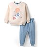 Teddy Fleece Knit Full Sleeves Winter Wear T-Shirt & Lounge Pant Set With Animal Print - Beige