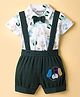 Wonderchild Puppy Embroidered Dungaree With Half Sleeves Cats & Dogs Printed Bow Applique Detailed Shirt - White & Green