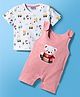 Wonderchild Half Sleeves Tee With Teddy Bear Patch Detailed Dungaree - Peach