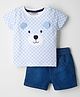 Wonderchild Half Sleeves Checked & Teddy Bear Face Patch Detailed Tee & Shorts Set - White & Denim