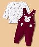Wonderchild Bunny Applique Detailed Dungaree With Full Sleeves Cats Printed Tee - White & Maroon