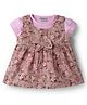 Wonderchild Floral Printed Bow Applique Detailed Knee Length Pinafore Dress With Half Sleeves Solid Tee - Pink