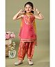 MASTARANG Muslin Woven Sleeveless Floral Printed Kurti Afghani & Dupatta Set - Coral