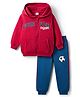 Babyhug Terry Knit Full Sleeves Hooded Sweatjacket & Lounge Pant Set With Forever Chicago Print - Maroon & Blue