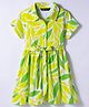 Pine Kids Cotton Knit Half Sleeves Frock with Leaves Print - Limegreen