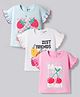 Bonfino 100% Cotton Knit Half Flutter Sleeves T-Shirts with Fruit  & Text Print Pack of 3 -Pink Blue & White