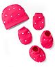Bonfino 100% Cotton Knit Cap Mittens & Booties With Heart Print Dark Pink - Diameter 10 cm