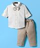 Robo Fry Cotton Woven Full Sleeves Pintuck Party Shirt & Pant Set with Bow & Hat - Cream