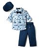 Robo Fry Cotton Woven Full Sleeves Animal Printed Party Shirt & Pant Set with Bow & Hat - Navy Blue