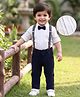 Robo Fry Cotton Woven Full Sleeves Printed Shirt & Pant Set with Bow & Suspender - White & Olive Green