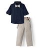 Robo Fry Cotton Woven Full Sleeves Solid Color Party Shirt & Pant Set with Bow & Suspender - Navy Blue