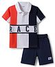 Primo Gino 100% Cotton Knit Half Sleeves Polo T-Shirt & Cargo Shorts Set with Color Block Design - Red White & Navy Blue