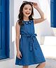 Arias Cotton Woven Sleeveless Denim Dress With Floral Applique With Belt - Blue