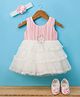 Enfance Sleeveless Beads & Stone Embellished Floral Applique Detailed Knee Length Layered Dress With Headband & Booties Set - Pink