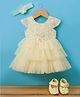 Enfance Cap Sleeves Beads Sequins & Stone Embellished Floral Applique Detailed Knee Length Dress With Headband & Booties Set - Lemon