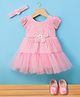 Enfance Half Puffed Sleeves Pearls Beads & Stone Embellished Floral Applique DetailedKnee Length Dress With Headband & Booties Set - Pink