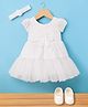 Enfance Half Puffed Sleeves Pearls Beads & Stone Embellished Floral Applique DetailedKnee Length Dress With Headband & Booties Set - White