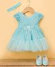 Enfance Half Puffed Sleeves Pearls Beads & Stone Embellished Floral Applique Detailed Dress With Headband & Booties - Sea Green