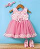 Enfance Sleeveless Floral Embroidered & Stone Embellished Applique Detailed Knee Length Dress With Headband & Booties Set - Onion Pink
