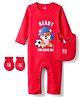 Doodle Poodle 100% Cotton Interlock Knit Full Sleeves Tiger Printed Romper With Bib & Mittens Pack Of 3 - Red