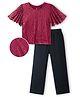 Hola Bonita Knit Half Flutter Sleeves Party Top & Pant Set with Sequin Detailing - Maroon & Black