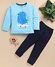blushh berry Cotton Knit Full Sleeves Bird Printed Tee With Pant Set - Blue