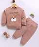 blushh berry Cotton Blend Knit Full Sleeves Little Hugs Text & Lion Face Printed Light Winter Sweatshirt With Jogger Set - Brown